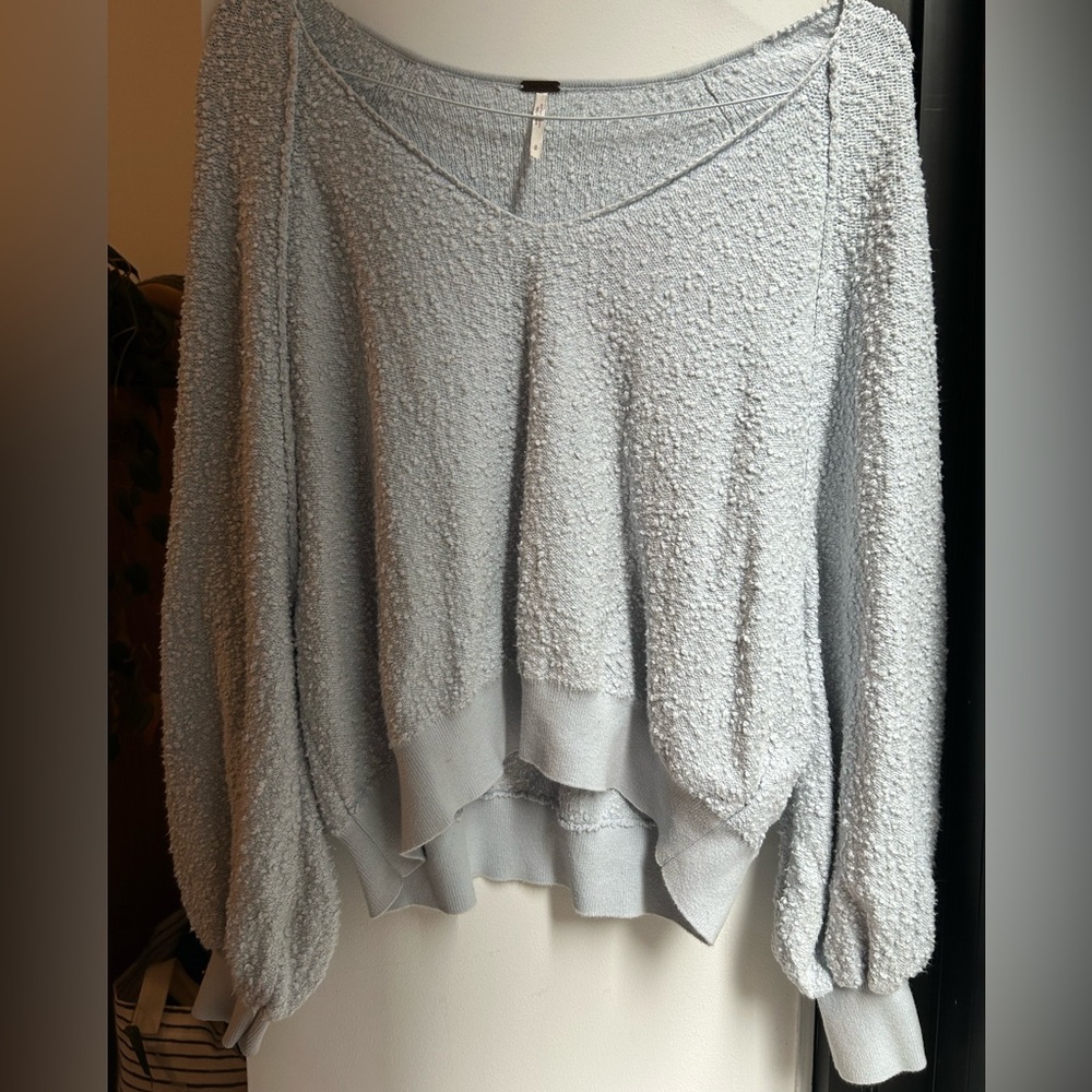 Free People Light Blue Popcorn Knit V-Neck Pullover
